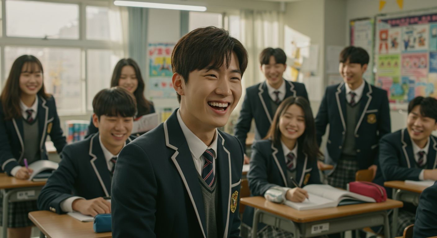 교실에서 친구들과 함께 환하게 웃고 있는 학생의 모습