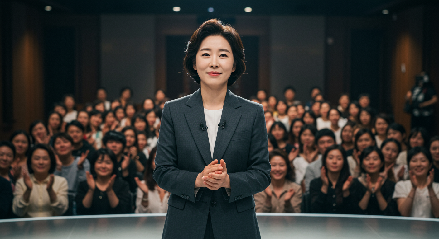 무대에서 연설하며 청중의 지지를 받는 성인의 모습