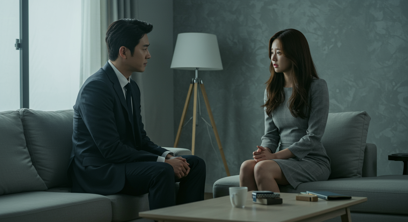 유명 연예인 부부가 거실에서 진지하게 대화하는 모습