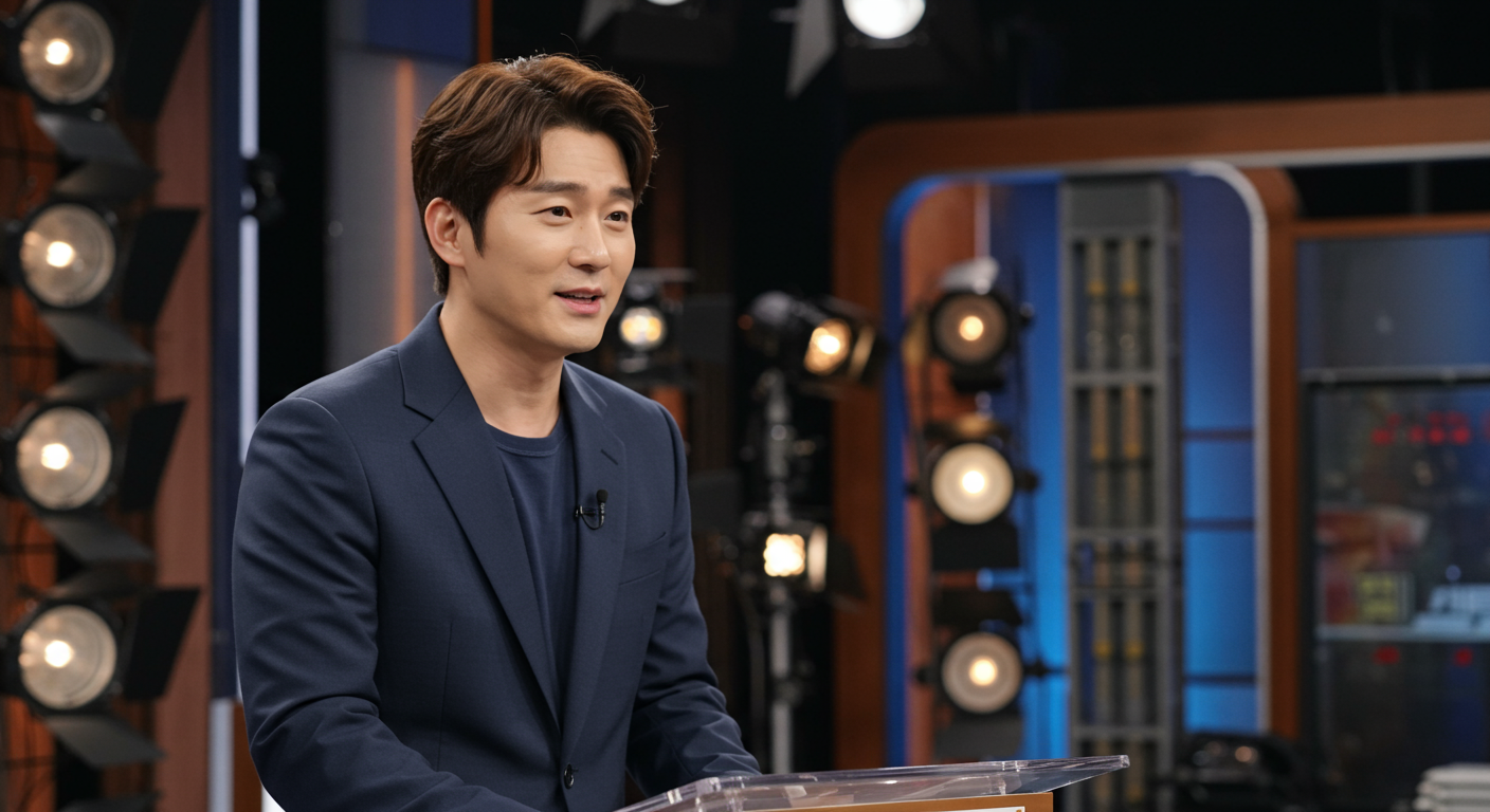 한국 남성이 TV 스튜디오에서 진지하게 이야기하는 장면