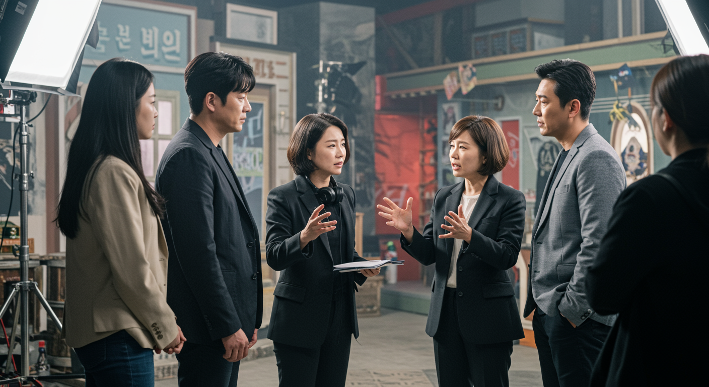 현대적인 옷을 입고 촬영장에서 감독과 장면을 논의하는 한국 배우들