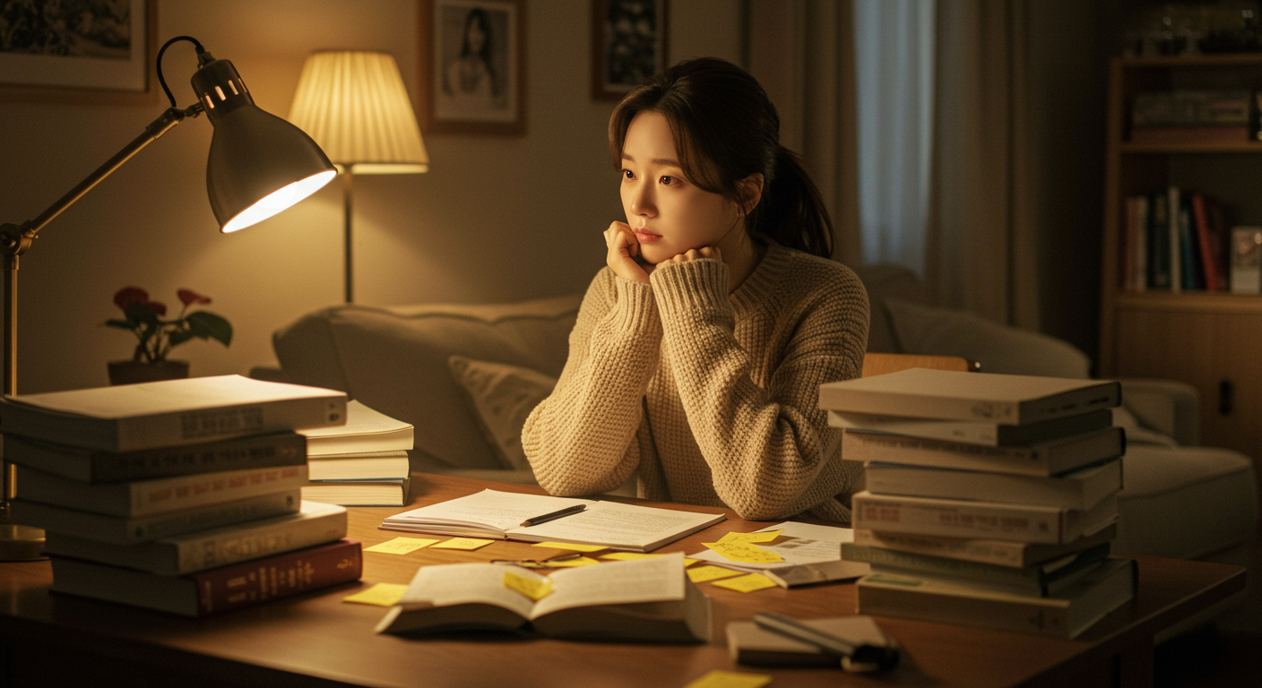 복잡한 역할 준비를 위해 대본과 메모를 검토하는 한국 여배우
