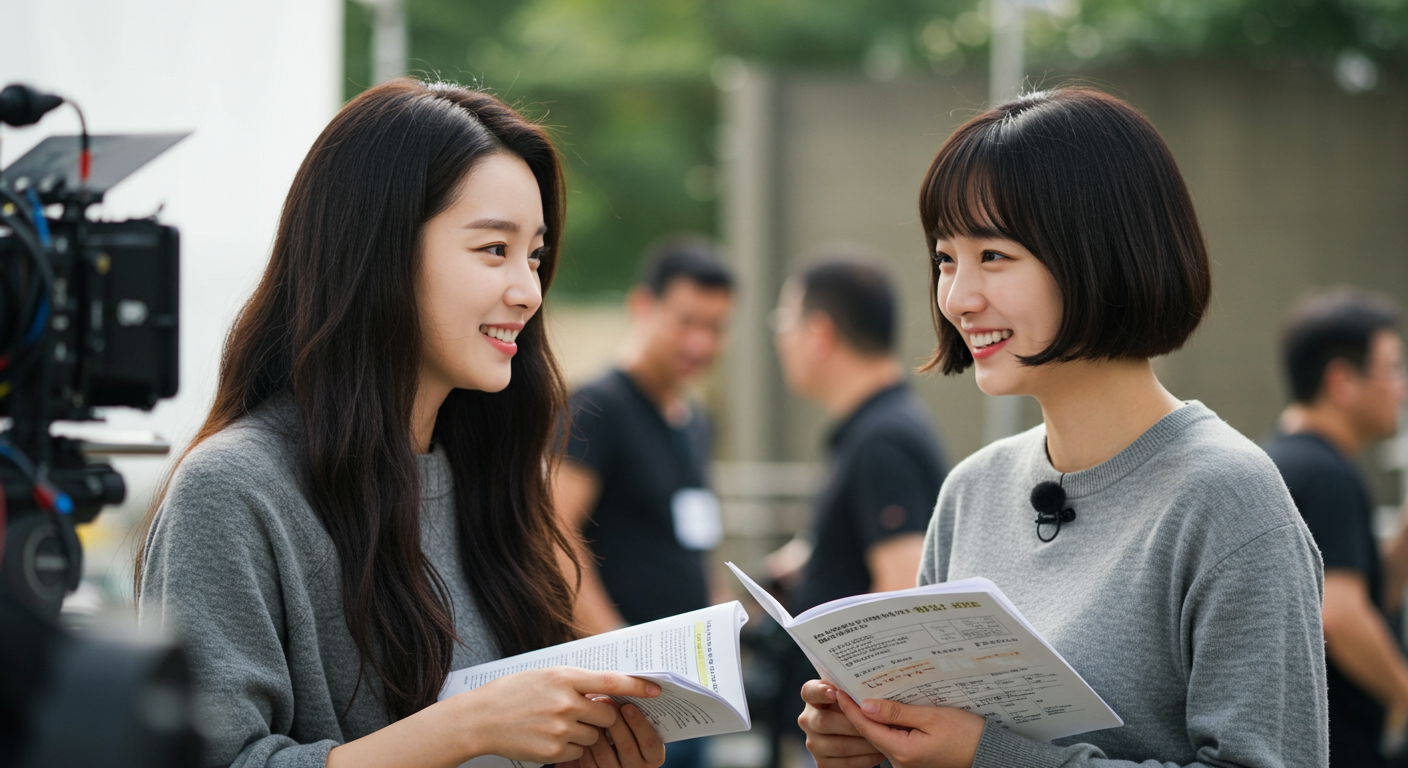 촬영장에서 대본을 들고 역할을 논의하며 진솔한 순간을 나누는 두 여배우