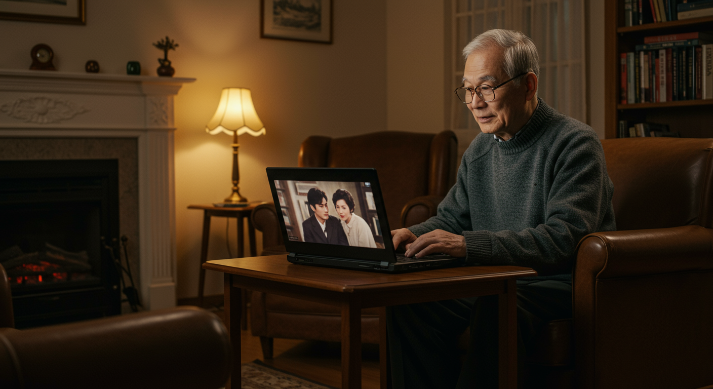 노인이 노트북으로 옛 시트콤을 시청하는 모습