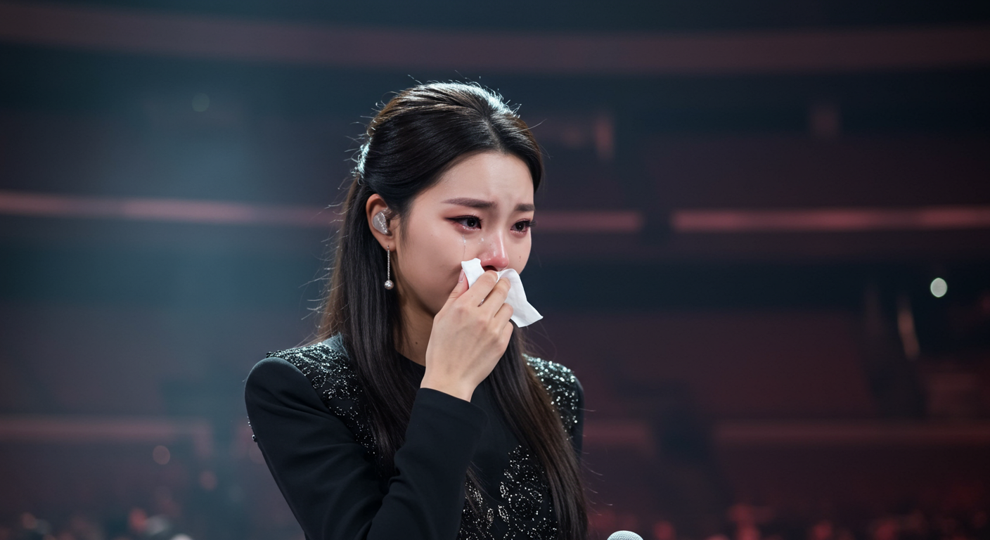 콘서트 백스테이지에서 눈물을 훔치는 여성 MC의 모습