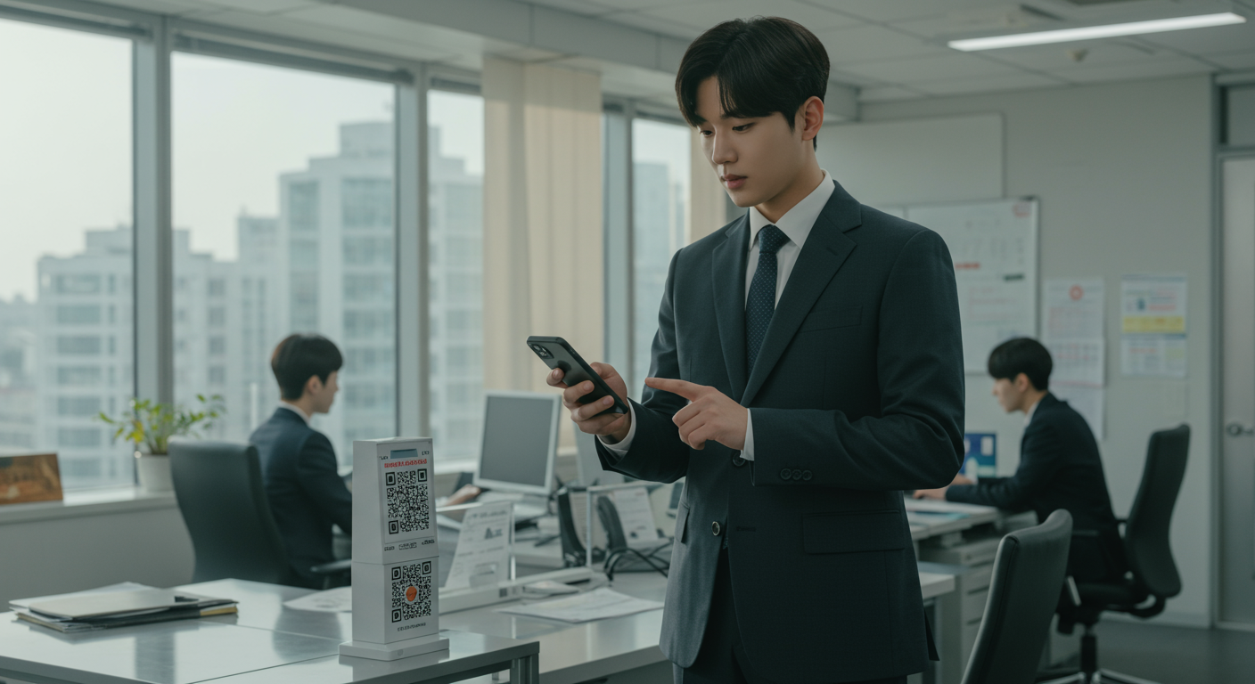 현대적 사무실에서 스마트폰으로 로또 복권의 QR코드를 스캔하는 직장인의 모습