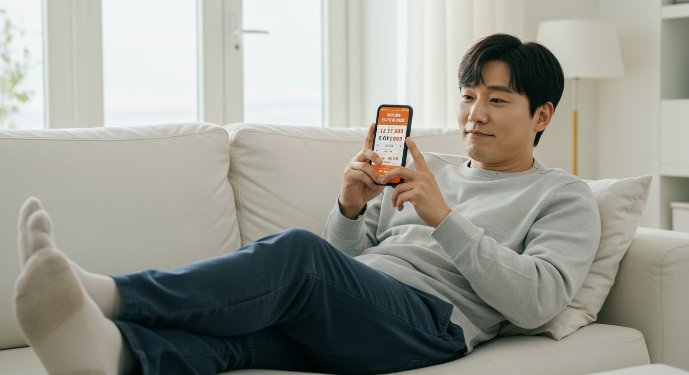 집에서 광고 없는 로또 조회 앱을 사용하는 남성의 편안한 모습