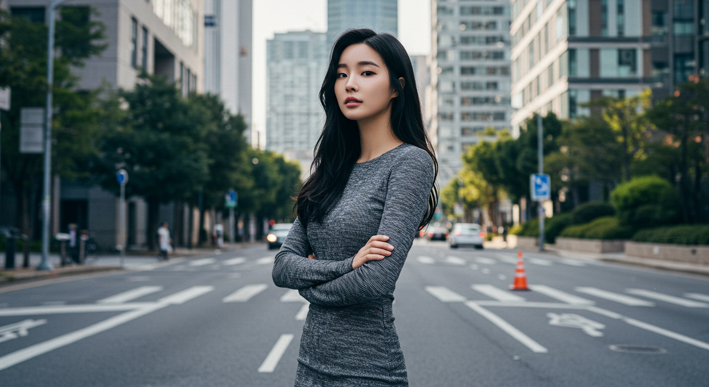 도시 배경에서 우아한 포즈를 취하고 있는 스타일리시한 패션을 입은 한국 모델의 모습