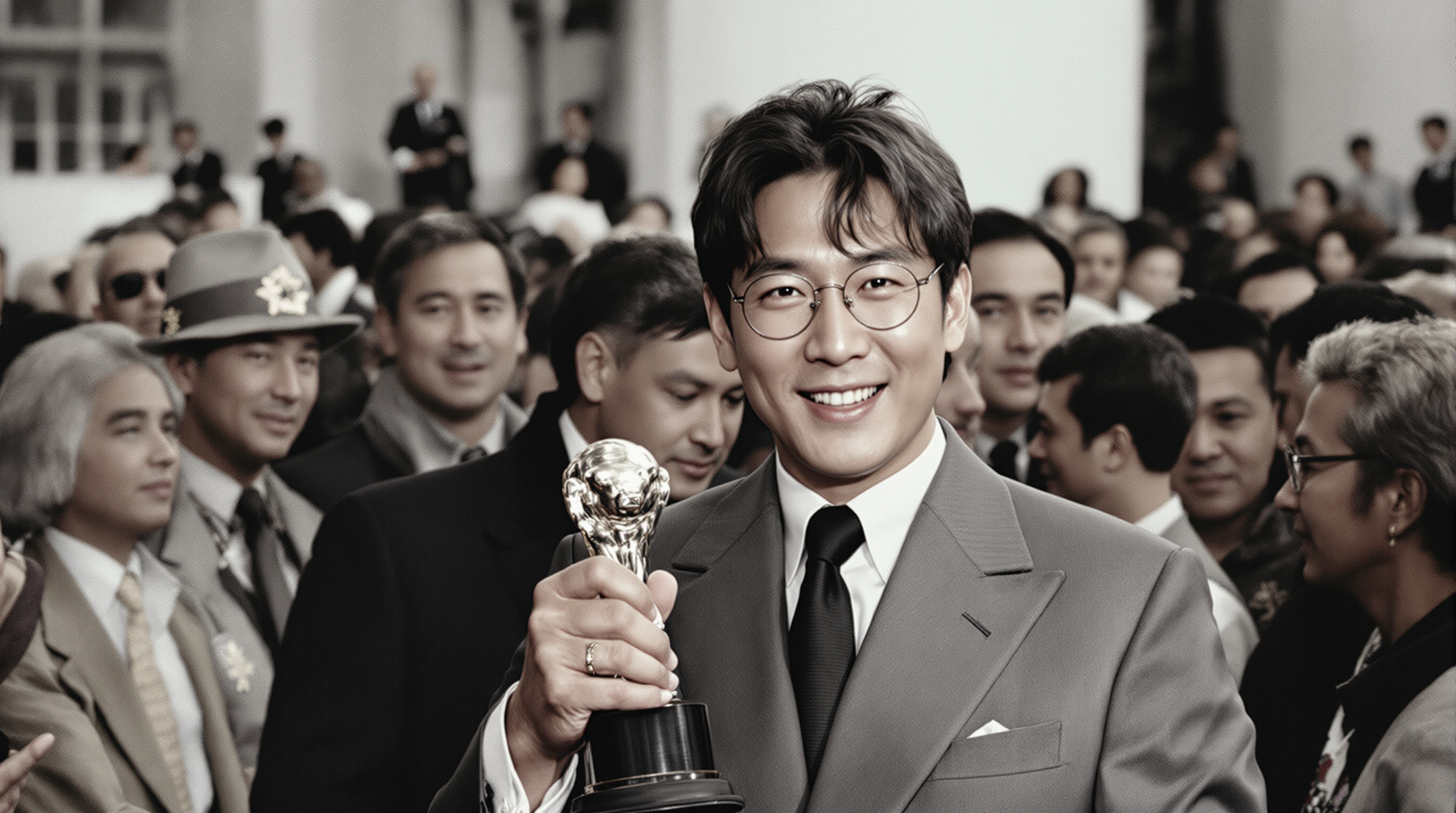 베를린 영화제에서 특별은곰상을 들고 있는 신영균의 빈티지 사진