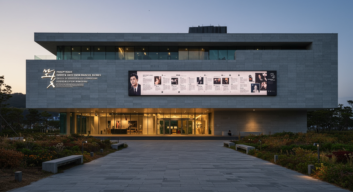 제주도에 위치한 현대적 디자인의 한국영화 박물관 외관과 내부 전시물