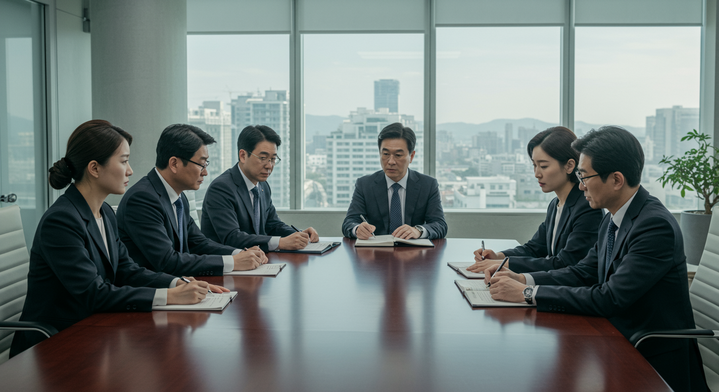 제스처 관련 사회적 논란에 대한 대응 전략을 논의 중인 한국 기업 임원회의 모습