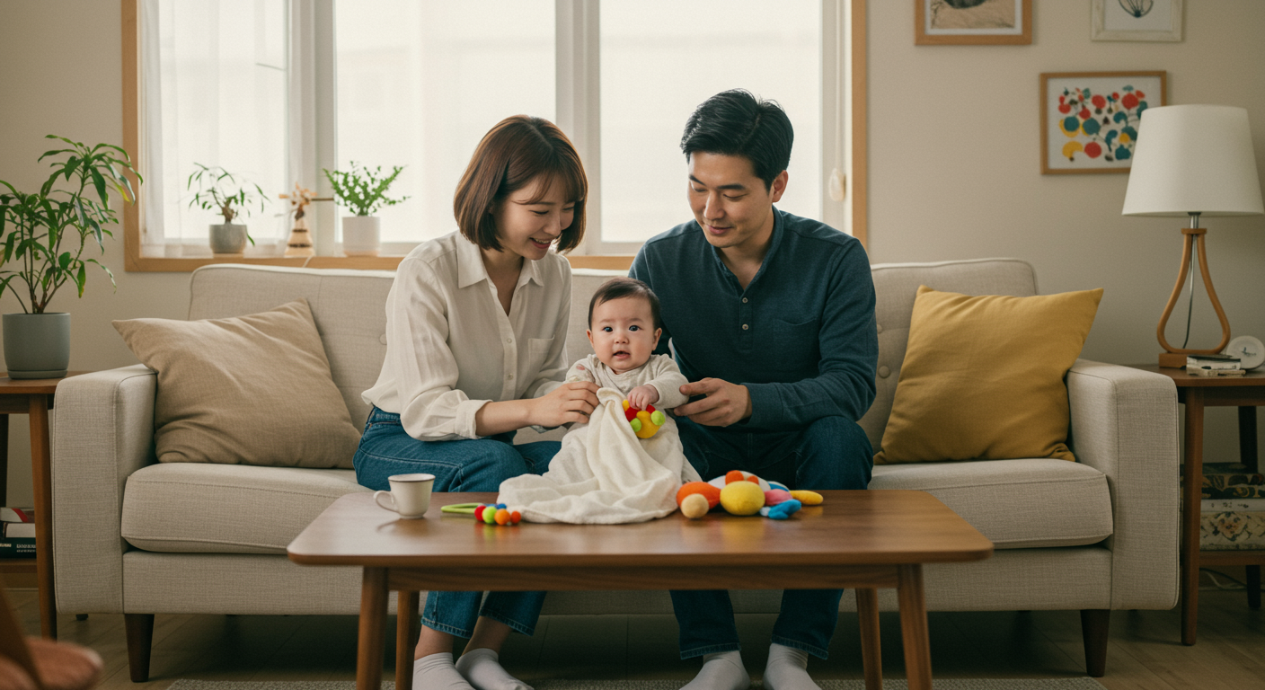 현대적인 거실에서 부모가 보채는 아기를 관찰하는 모습