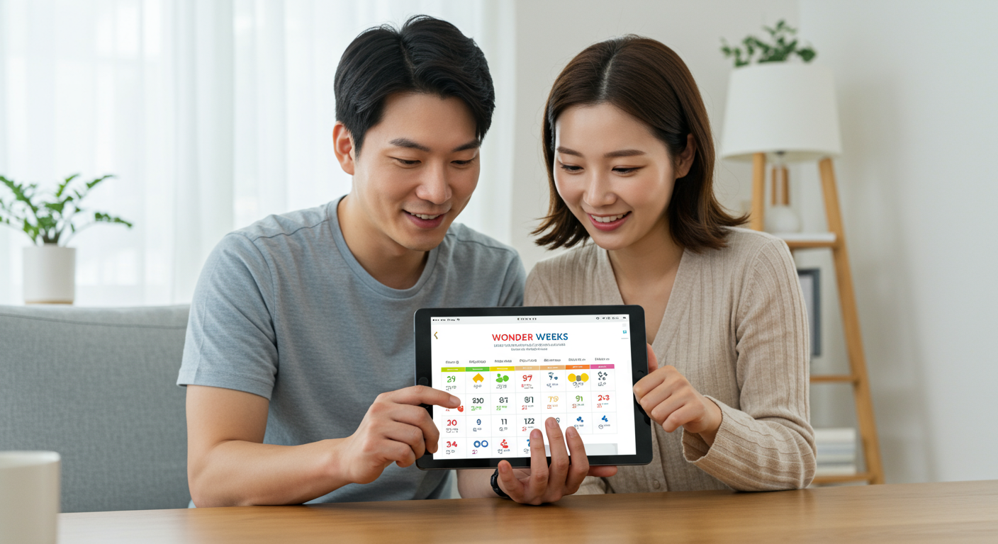태블릿으로 아기의 발달 단계를 추적하는 부모의 모습