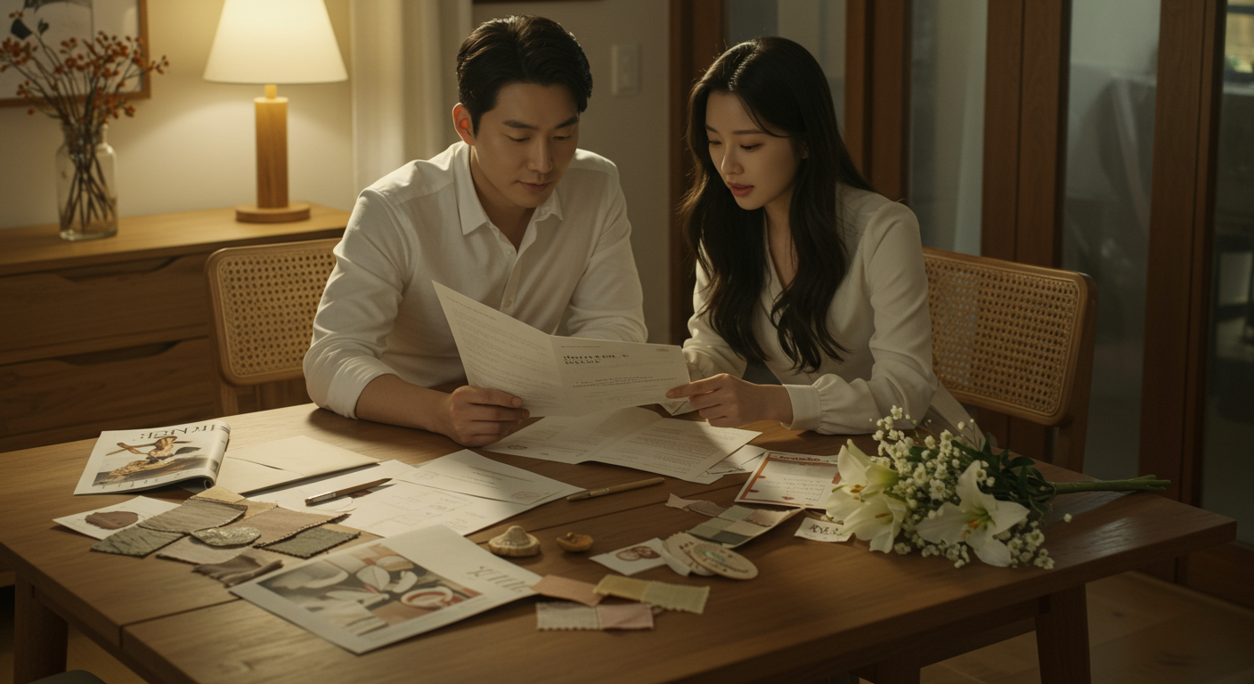 신랑신부가 집에서 결혼 준비 자료를 둘러싸고 혼인서약서를 검토하는 모습