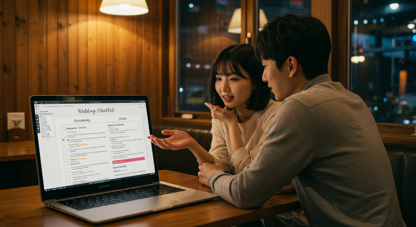 카페에서 노트북 화면의 체크리스트를 보며 혼인서약세 세부사항을 논의하는 커플