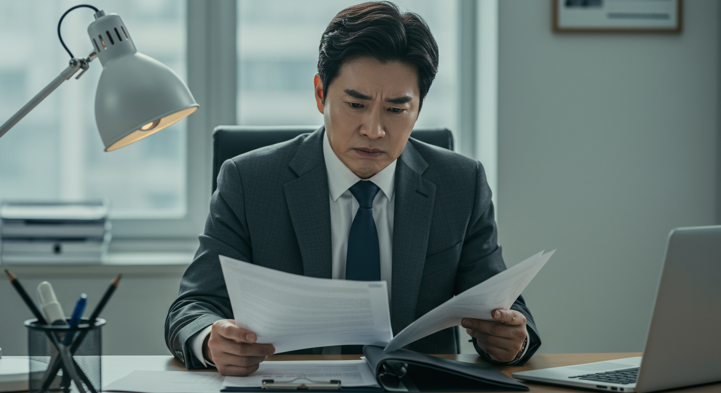 사무실에서 재무 서류를 검토하며 걱정스러운 표정을 짓는 직장인의 모습