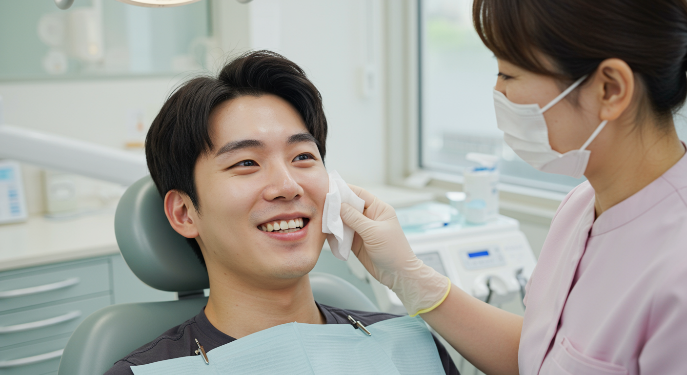 치과에서 문제성 사랑니를 제거한 후 안도감에 미소 짓는 젊은 성인