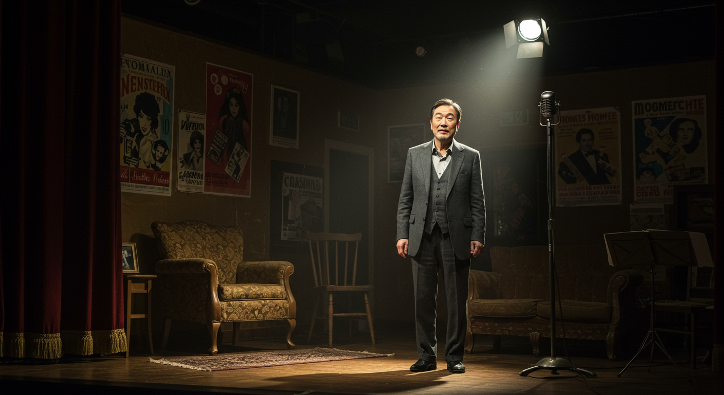 1960년대 연극 무대 위에서 조명 받는 중년 배우의 모습