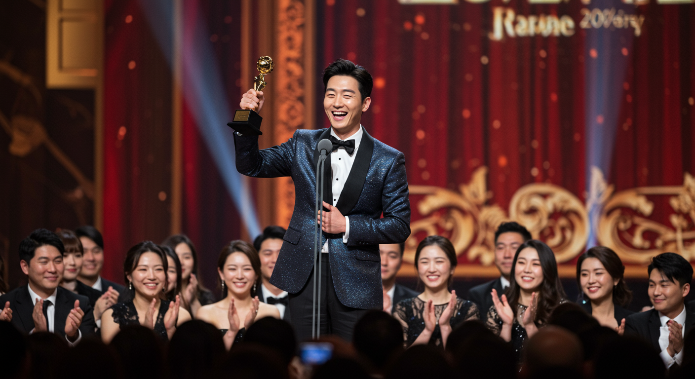 시상식에서 트로피를 들고 있는 배우와 환호하는 관객들
