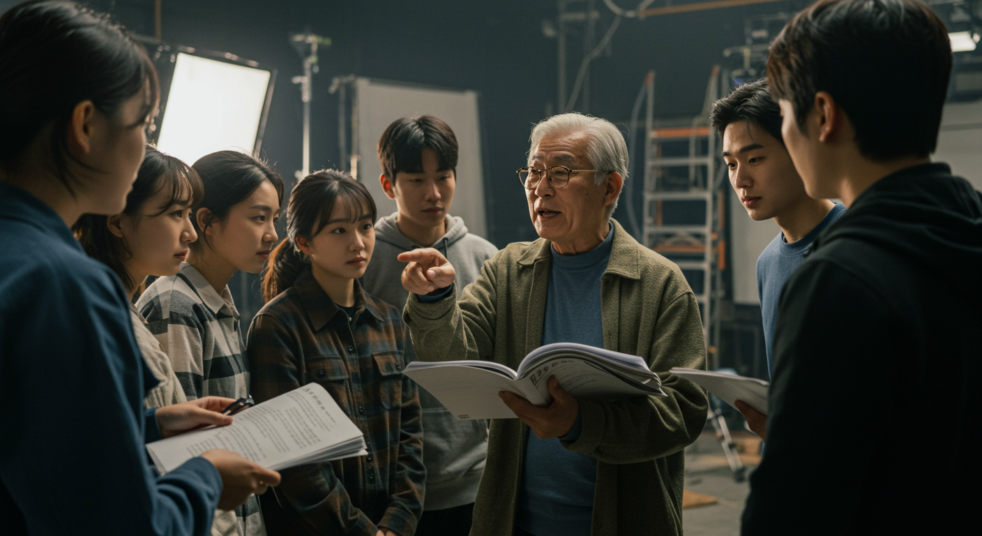 영화 세트장에서 젊은 배우들과 대본을 나누며 조언하는 노련한 멘토