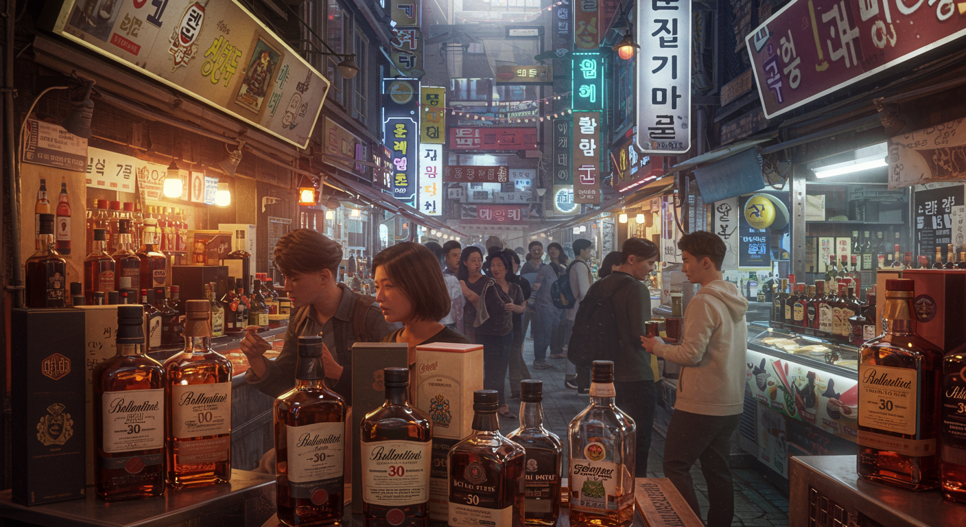 한국의 번화한 시장에서 다양한 위스키 병들이 전시된 모습