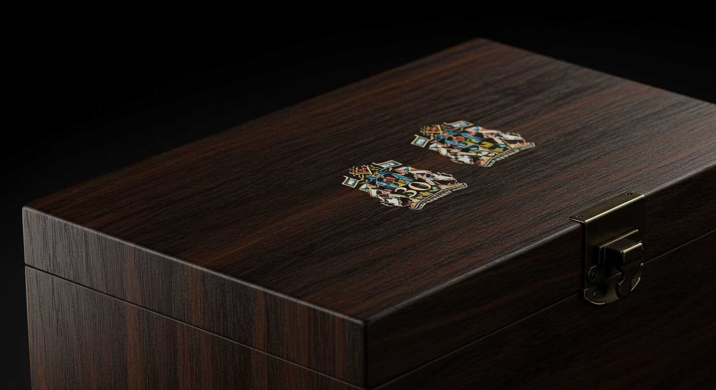 발렌타인 30년산 위스키의 우아한 나무 케이스 클로즈업