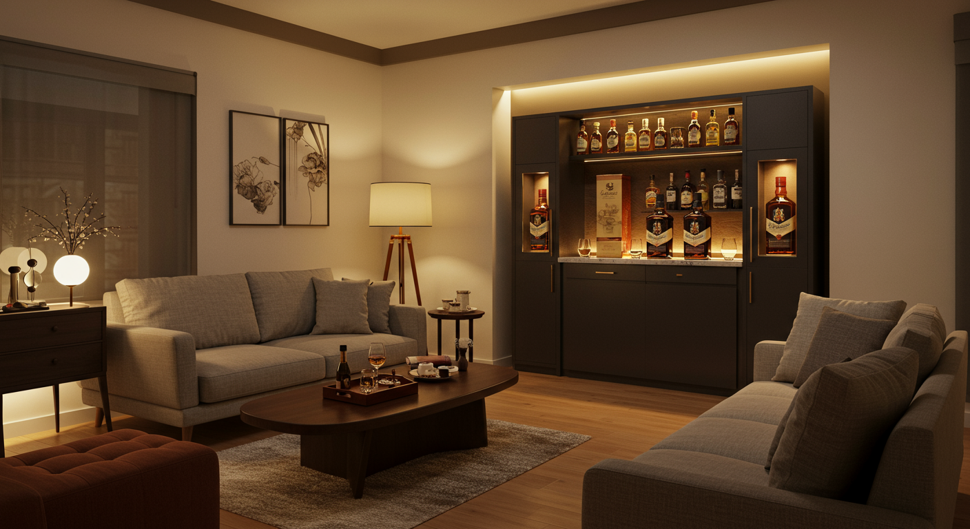 모던한 한국 거실에 인테리어 소품으로 활용된 발렌타인 병