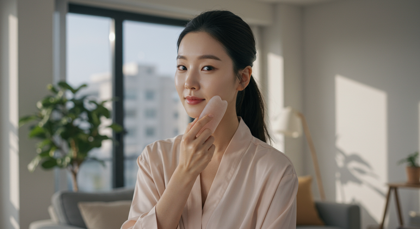 엄지원이 집에서 괄사를 사용하는 모습, 차분한 분위기의 현대적 거실