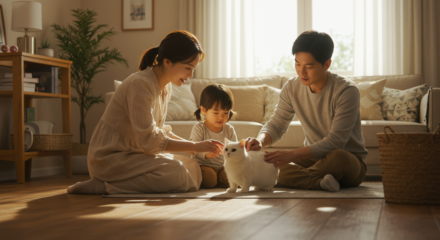 가족이 먼치킨 고양이를 집에서 애정 있게 돌보는 모습
