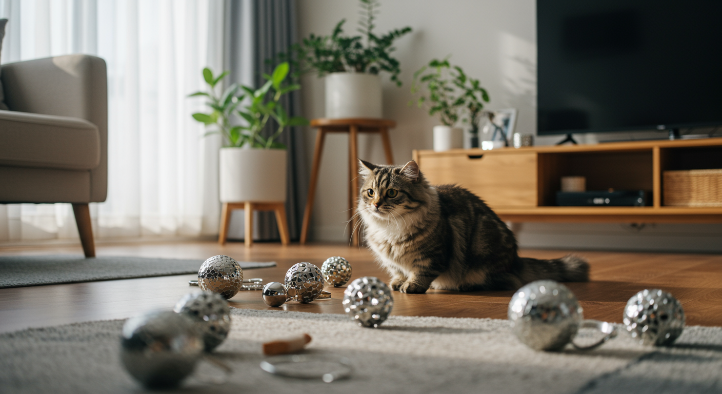짧은 다리와 풍성한 털을 가진 먼치킨 고양이가 반짝이는 물건과 노는 장면