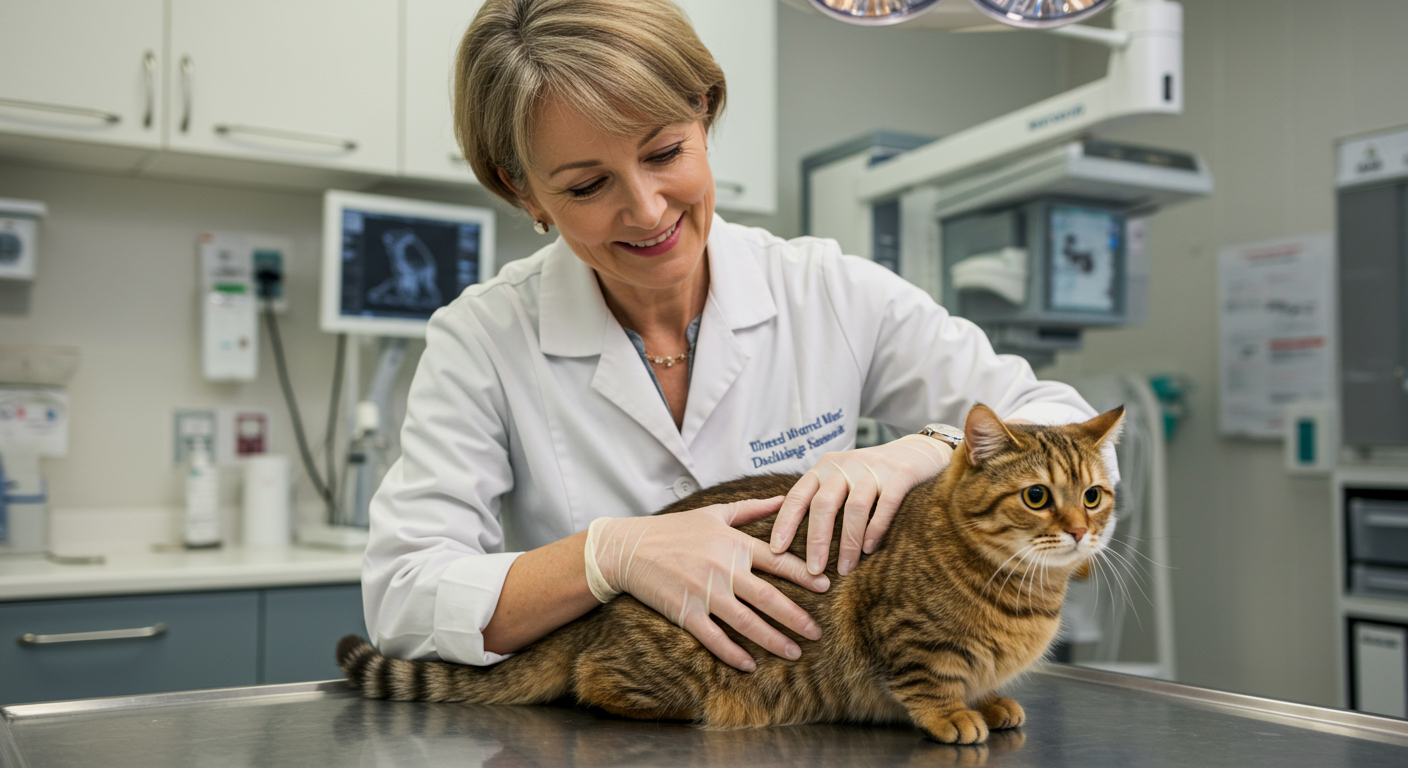척추와 관절 검사를 받고 있는 먼치킨 고양이와 수의사