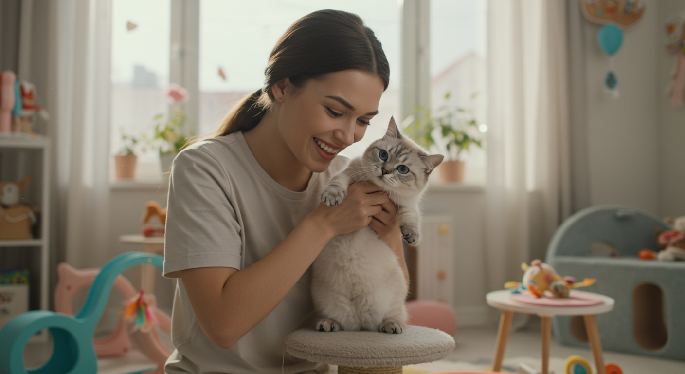 밝고 즐거운 가정에서 주인과 교감하는 먼치킨 고양이