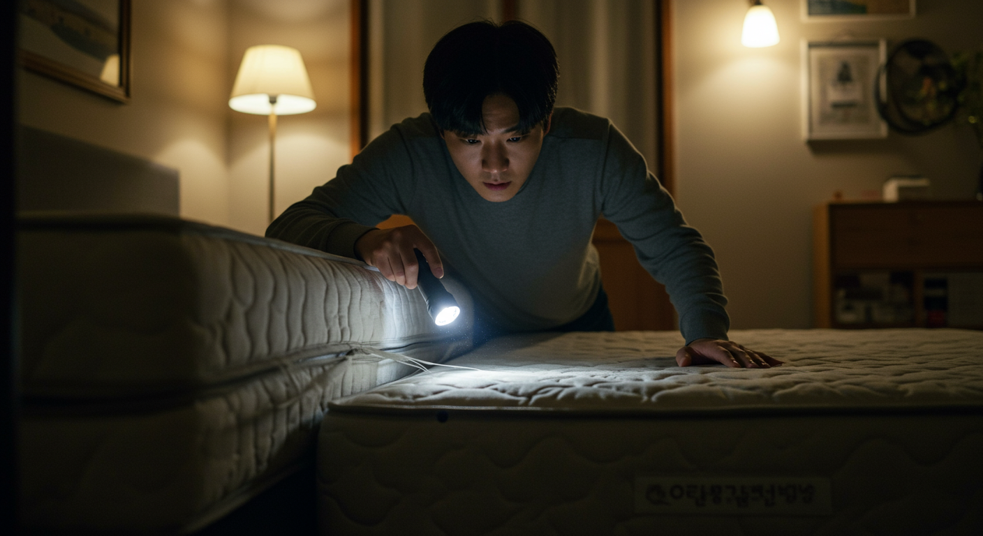 손전등으로 매트리스 틈새를 검사하는 모습