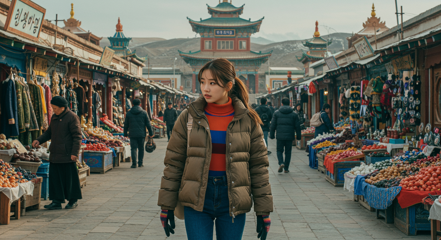 추운 날씨 속 복잡한 몽골 시장 거리 풍경을 걷고 있는 젊은 여성