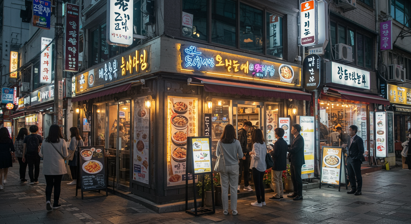 서울의 바쁜 거리에서 사람들이 기다리고 있는 모던한 한국 레스토랑 외관