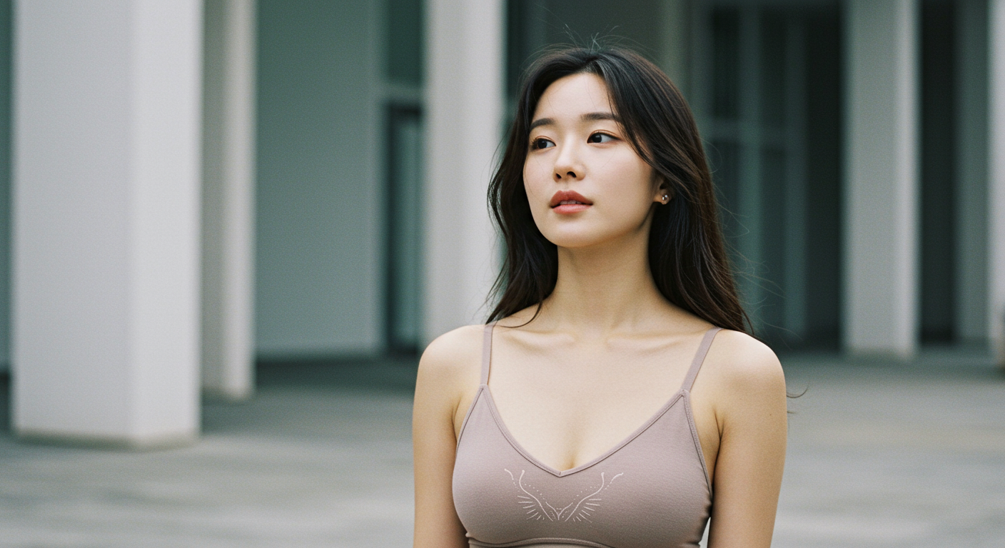 세련된 브라렛을 입고 도심 속에서 여유롭게 서 있는 여성의 모습