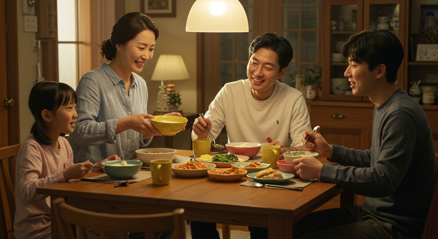 한국 가족이 부드럽고 수분 많은 음식을 함께 즐기는 모습