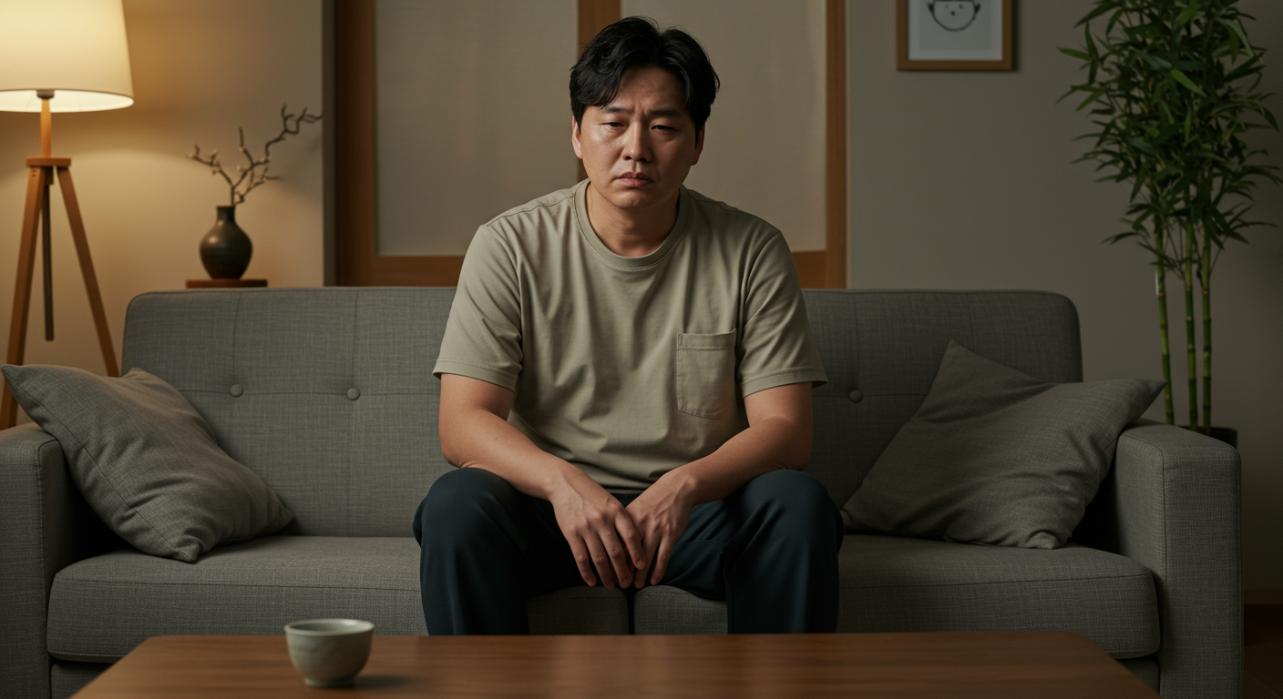 피로감을 느끼는 한국 남성이 집에서 체중 감소를 확인하는 모습