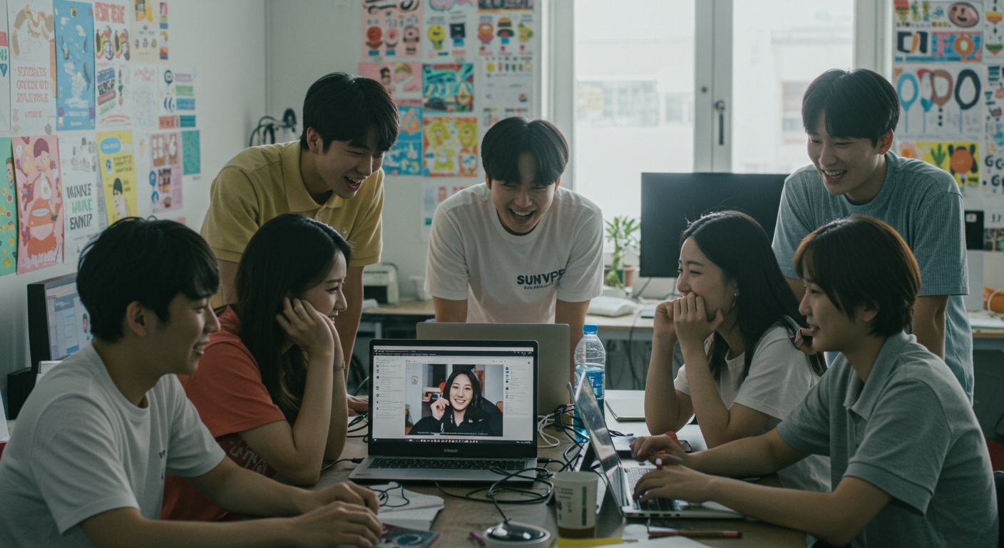 젊은 콘텐츠 크리에이터들이 인스타그램에서 젠 세리프 폰트를 활용해 감각적인 영상을 제작하는 모습