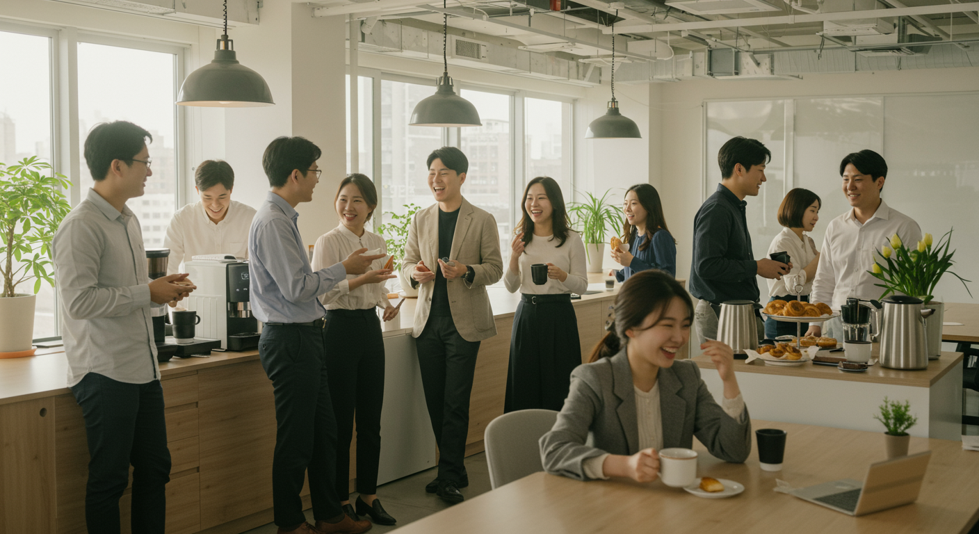 커피 브레이크 중 직장 동료들이 웃으며 대화하는 현대적인 사무실 풍경