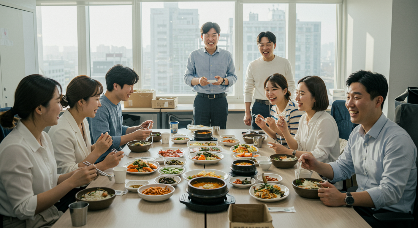 점심 식사 자리에서 농담을 주고받는 직원들