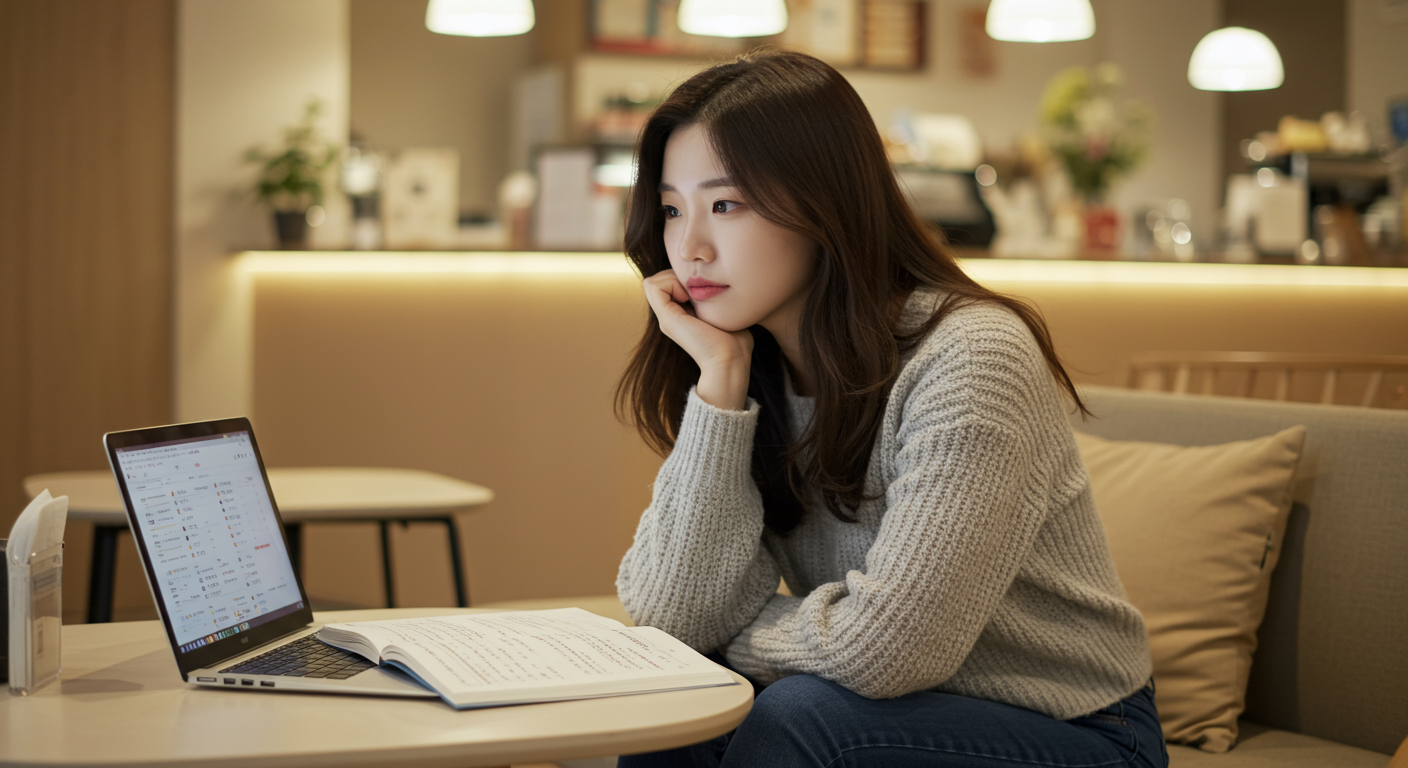 현대적인 카페에서 노트북으로 한국어 발음을 공부하는 학생의 모습