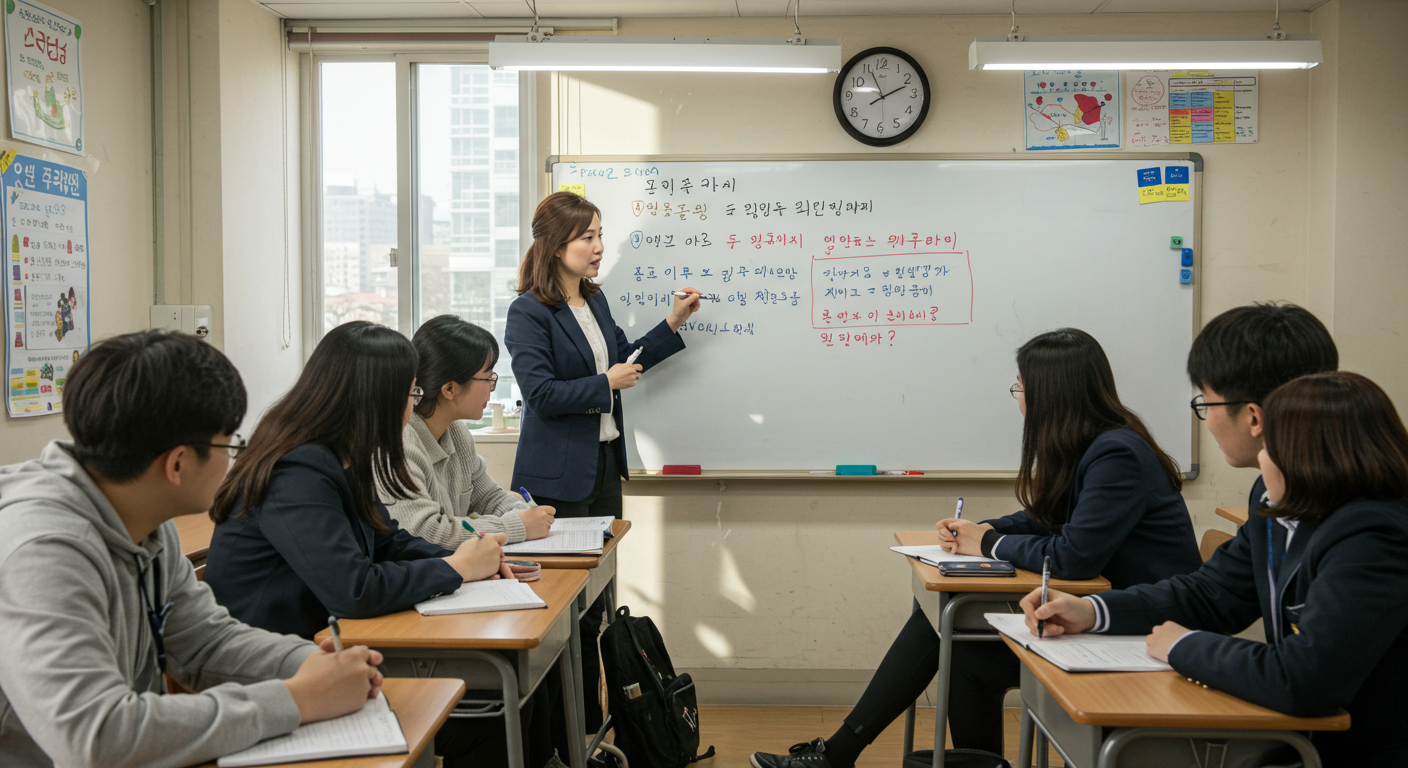 교실에서 '어떻게'와 '어떡해'의 차이점을 설명하는 교사의 모습