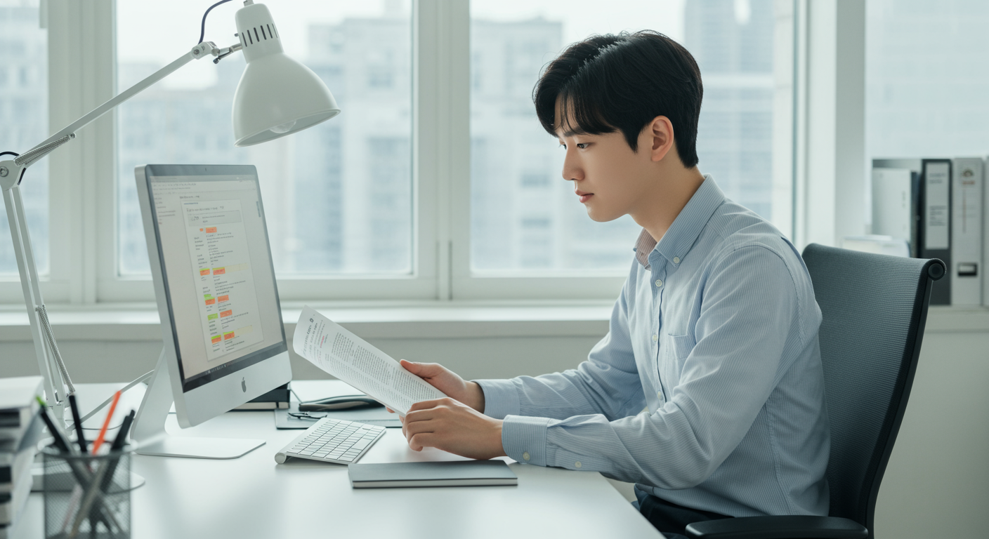 책상에서 문맥을 통해 단어 사용법을 분석하는 젊은 직장인의 모습