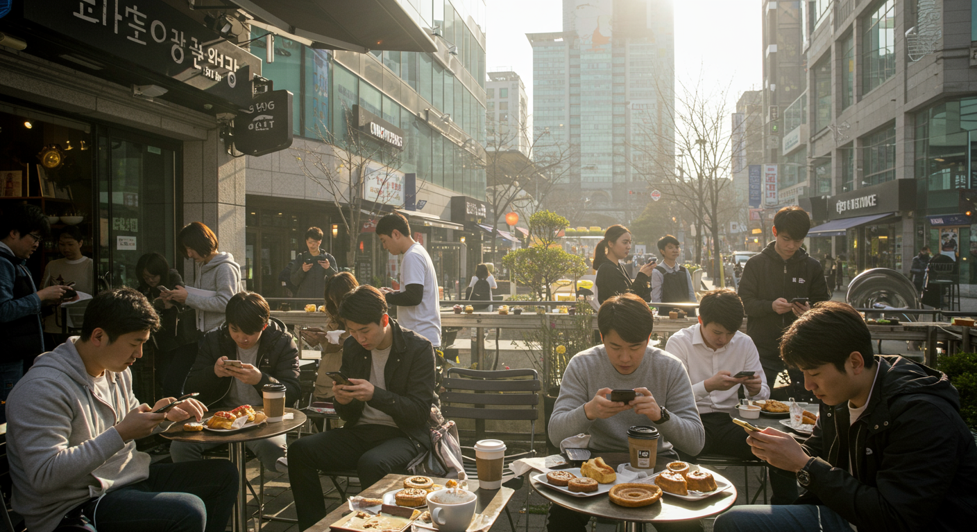 강남 카페에서 스마트폰으로 비트코인 가격을 확인하는 젊은 투자자들
