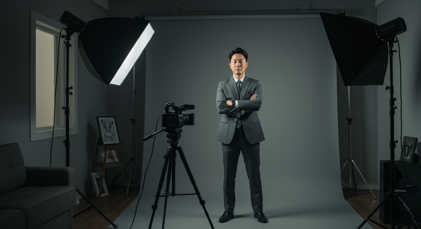 집 스튜디오에서 결단력 있는 표정으로 카메라 앞에 선 남성의 모습