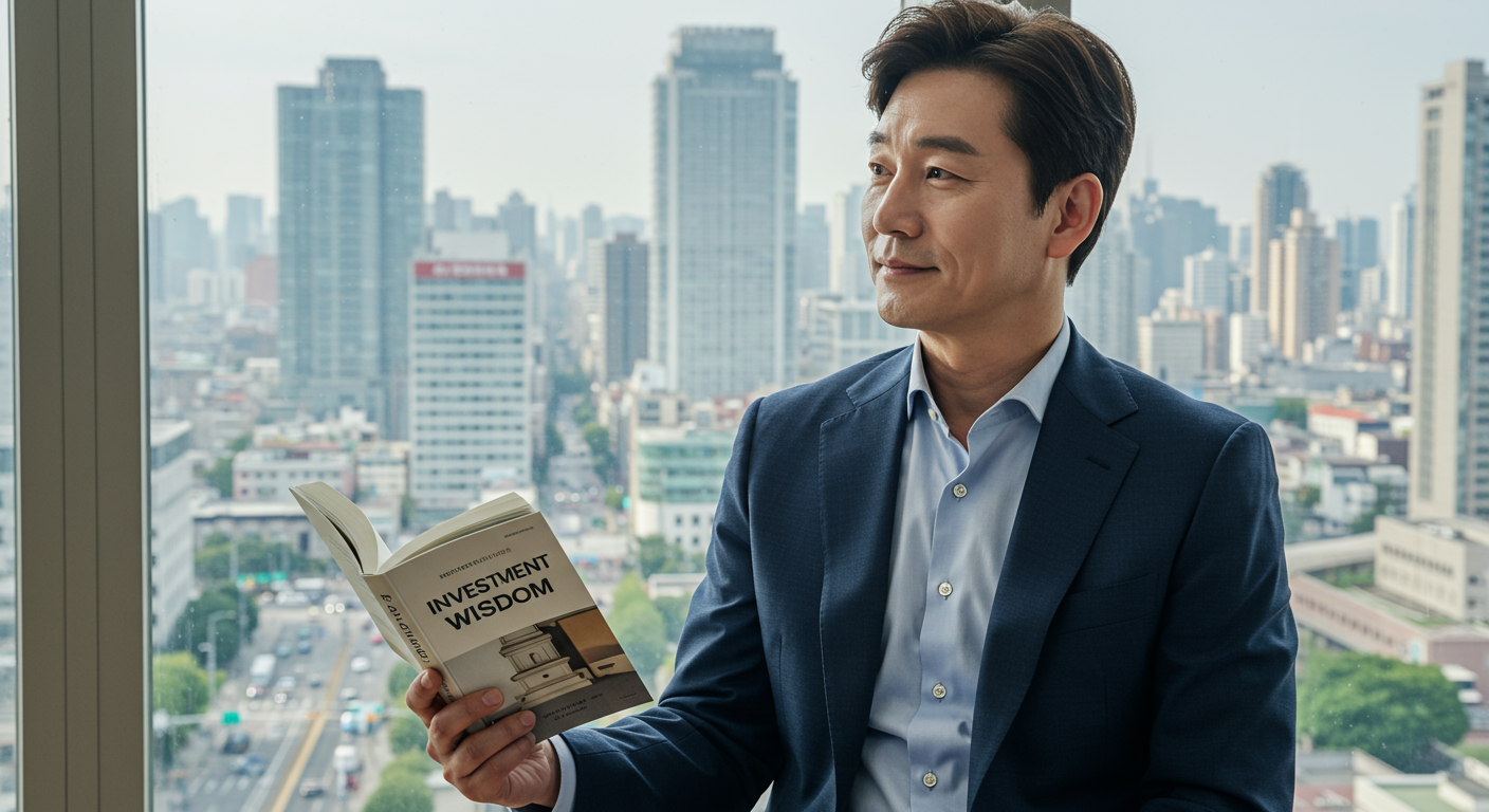 대도시 전경이 보이는 창가 옆에서 책을 펼쳐 든 금융 상담사의 모습