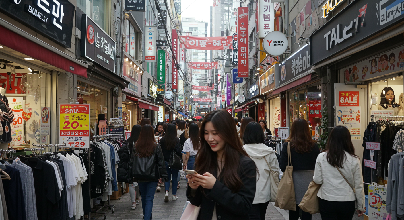 활기찬 한국의 쇼핑 거리와 사람들, 세일 정보를 확인하는 젊은 여성