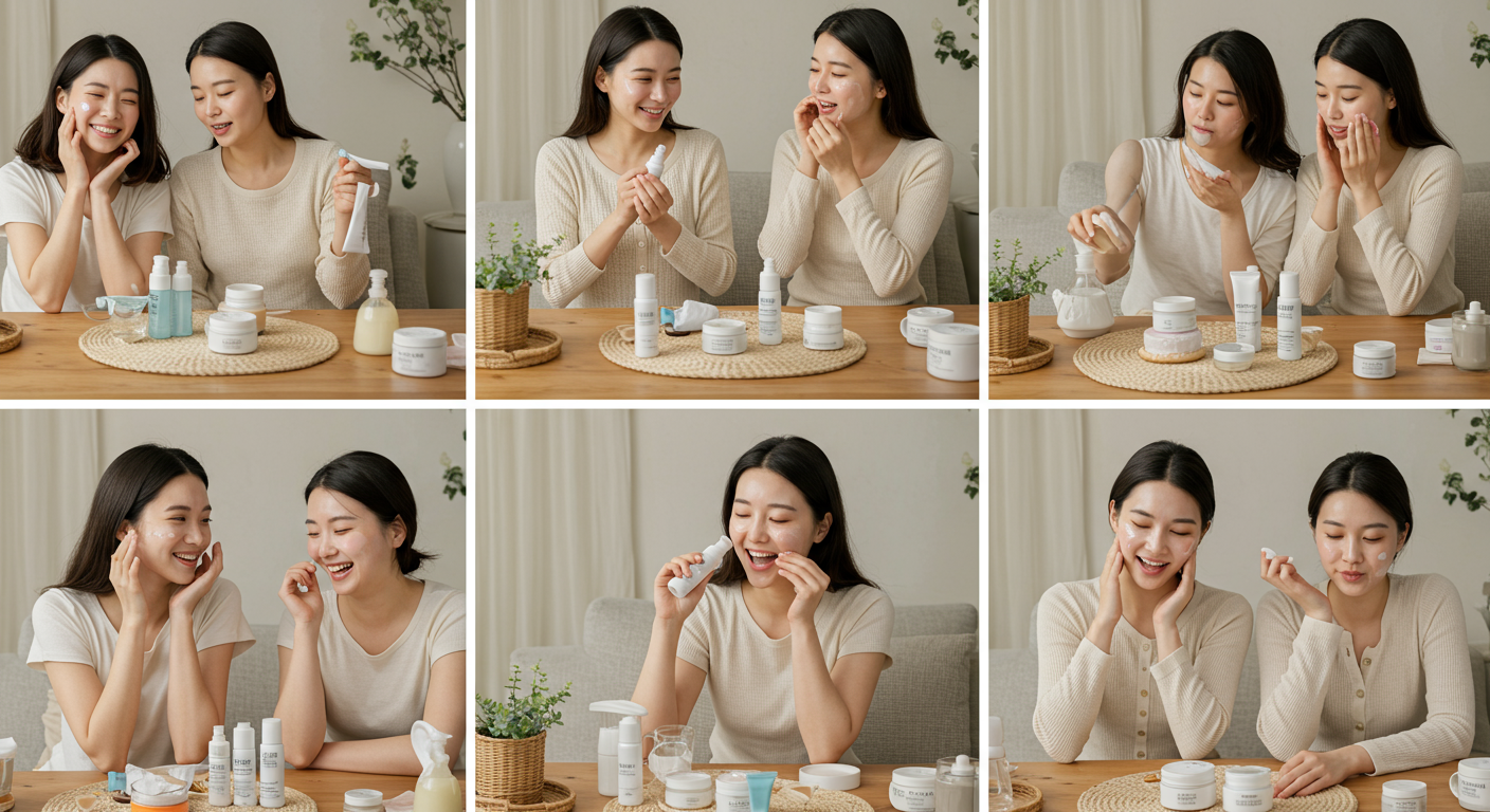 다양한 피부 타입을 가진 여성들이 집에서 화장품을 테스트하는 장면