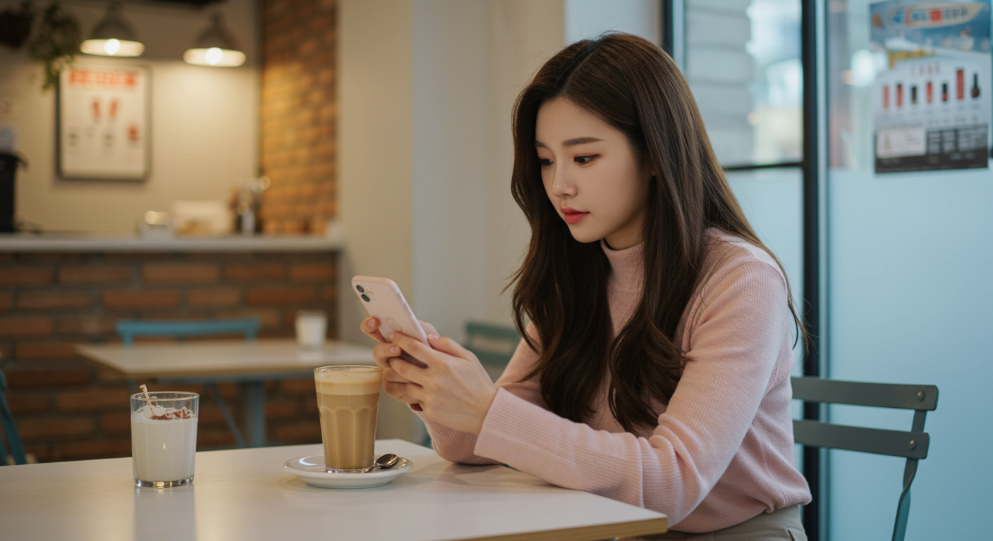 트렌디한 카페에서 스마트폰으로 뷰티 제품 리뷰를 보는 여성